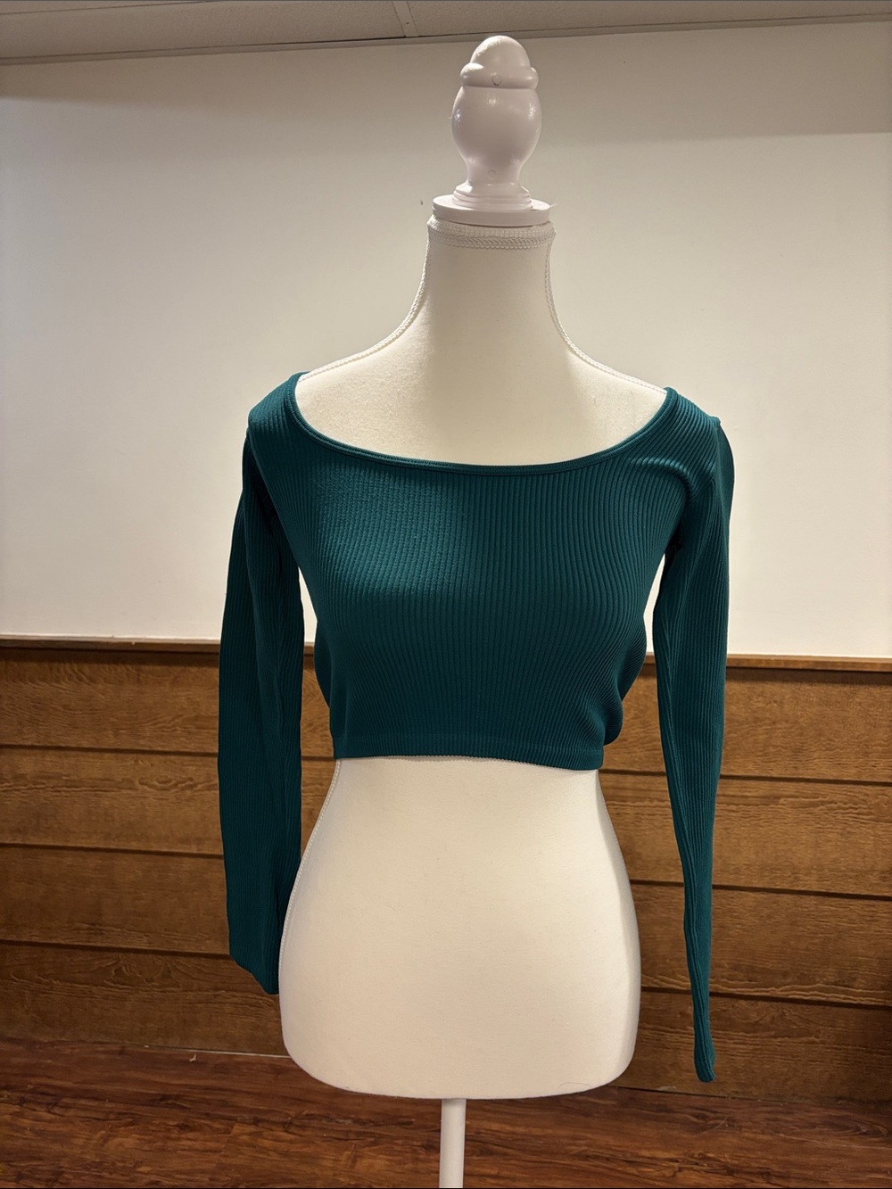 Zara Teal Ribbed Long-Sleeve Crop Top
